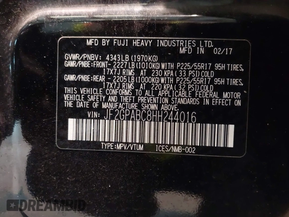 2017 Subaru Crosstrek Premium with VIN JF2GPABC8HH244016, listed as a IAAI auction lot 42733776 with 80,735 mi miles and . Bid and sale history available at DreamBid. Image 9.