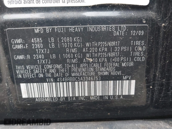 2010 Subaru Outback Premium with VIN 4S4BRBBC5A3346753, listed as a IAAI auction lot 42634493 with 253,974 mi miles and . Bid and sale history available at DreamBid. Image 9.