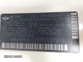 2008 MINI Hardtop S z VIN WMWMF73528TV39498, wystawiony jako IAAI lot #42308127 z przebiegiem 140 500 mil mil oraz . Historia ofert i sprzedaży dostępna na DreamBid. Obrazek 9.