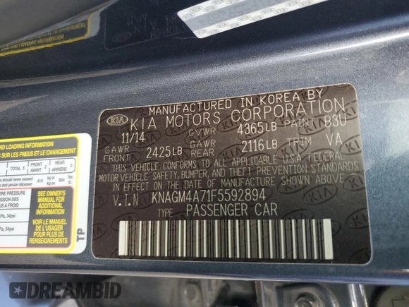 2015 Kia Optima LX with VIN KNAGM4A71F5592894, listed as a Copart auction lot 48575585 with 150,855 mi miles and Non Repairable. Bid and sale history available at carsss.com. Image 13.