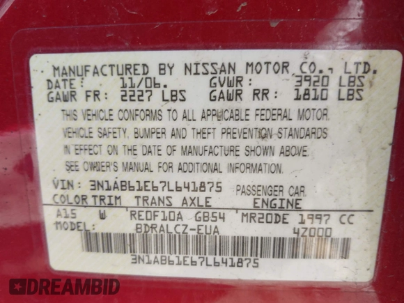 2007 Nissan Sentra 2.0 with VIN 3N1AB61E67L641875, listed as a IAAI auction lot 41910326 with 200,396 mi miles and . Bid and sale history available at DreamBid. Image 9.
