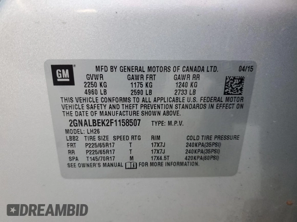 2015 Chevrolet Equinox LT with VIN 2GNALBEK2F1158507, listed as a Copart auction lot 55025505 with 159,611 mi miles and Clean Title. Bid and sale history available at carsss.com. Image 13.