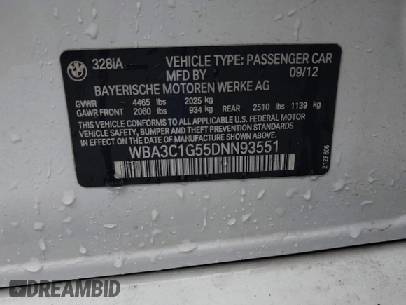 2013 BMW 3 Series 328i с VIN WBA3C1G55DNN93551, выставлен на аукционе IAAI как лот 41196707 с пробегом 165 735 миль миль и . История ставок и продаж доступна на DreamBid. Изображение 9.