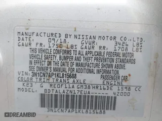 2019 Nissan Versa Sedan SV with VIN 3N1CN7AP1KL815688, listed as a IAAI auction lot 41955017 with 72,151 mi miles. Bid and sale history available at carsss.com. Image 9.