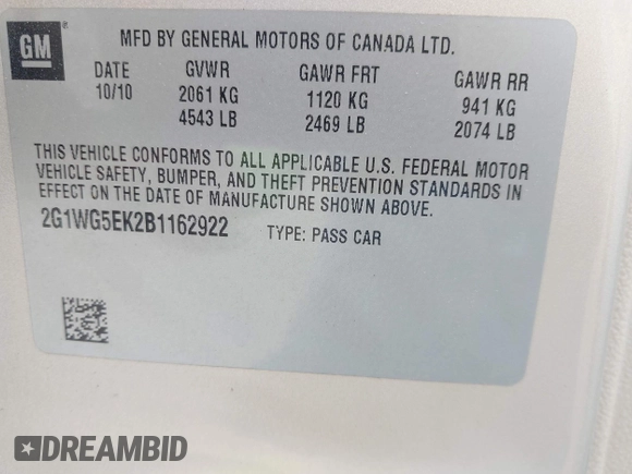 2011 Chevrolet Impala LT Fleet with VIN 2G1WG5EK2B1162922, listed as a IAAI auction lot 42753447 with 169,147 mi miles and . Bid and sale history available at DreamBid. Image 9.