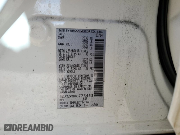 2015 Nissan Rogue SV with VIN 5N1AT2MT0FC773453, listed as a Copart auction lot 53191465 with 108,810 mi miles and Salvage Title. Bid and sale history available at carsss.com. Image 13.