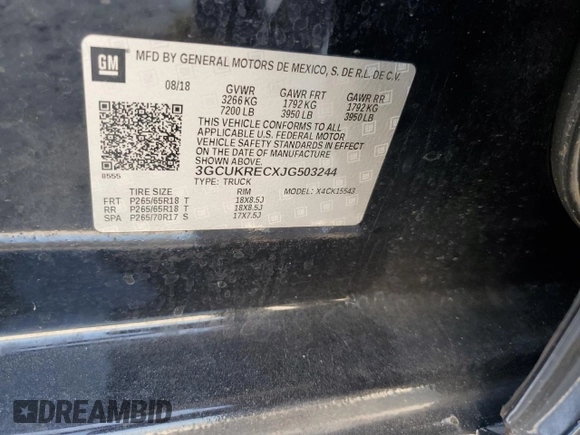 2018 Chevrolet Silverado 1500 LT with VIN 3GCUKRECXJG503244, listed as a Copart auction lot 52792825 with 107,029 mi miles and Salvage Title. Bid and sale history available at DreamBid. Image 13.