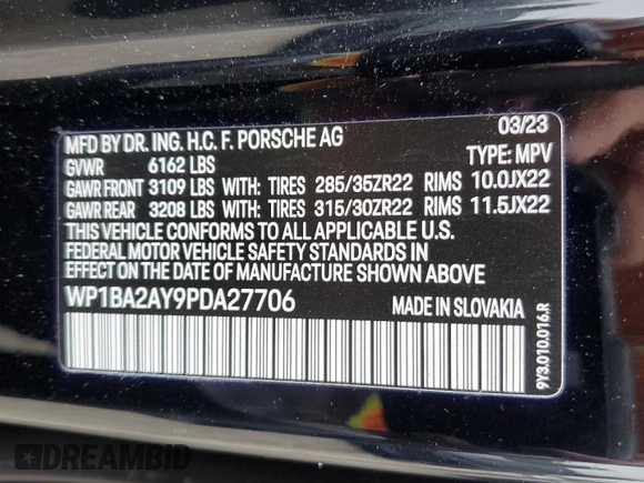 2023 Porsche Cayenne с VIN WP1BA2AY9PDA27706, выставлен на аукционе Copart как лот 56347504 с пробегом 5 639 миль миль и Списание • Salvage title. История ставок и продаж доступна на DreamBid. Изображение 13.