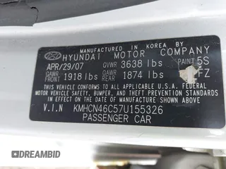 2007 Hyundai Accent GLS z VIN KMHCN46C57U155326, wystawiony jako IAAI lot #42296898 z przebiegiem 112 122 mil mil oraz . Historia ofert i sprzedaży dostępna na DreamBid. Obrazek 9.