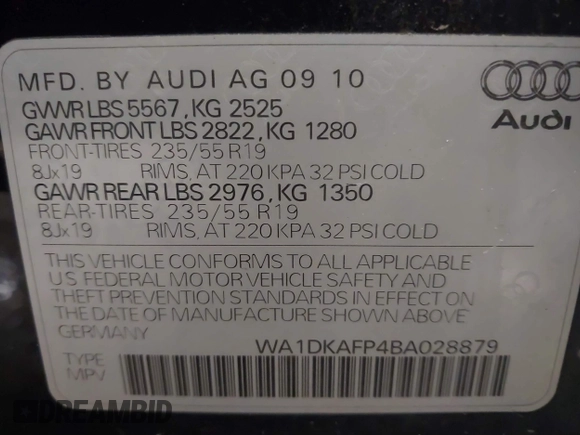 2011 Audi Q5 3.2L Premium Plus with VIN WA1DKAFP4BA028879, listed as a IAAI auction lot 41864795 with 161,288 mi miles. Bid and sale history available at carsss.com. Image 9.