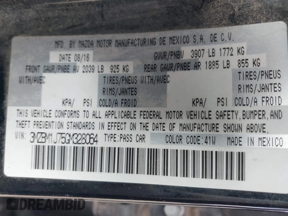 2016 Mazda 3 i Sport with VIN 3MZBM1J75GM328064, listed as a IAAI auction lot 41746043 with 139,217 mi miles and . Bid and sale history available at DreamBid. Image 9.