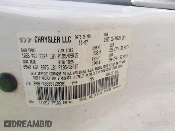 2008 Chrysler PT Cruiser with VIN 3A8FY48B88T128381, listed as a IAAI auction lot 42119516 with 153,997 mi miles and . Bid and sale history available at carsss.com. Image 9.