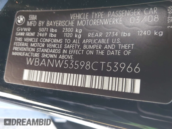 2008 BMW 5 Series 550i with VIN WBANW53598CT53966, listed as a IAAI auction lot 41947937 with 177,610 mi miles. Bid and sale history available at carsss.com. Image 9.