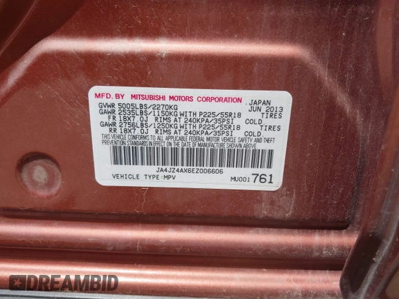 2014 Mitsubishi Outlander GT with VIN JA4JZ4AX6EZ006606, listed as a IAAI auction lot 42640681 with 161,904 mi miles and . Bid and sale history available at DreamBid. Image 9.
