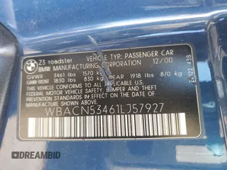 2001 BMW Z3 3.0i with VIN WBACN53461LJ57927, listed as a Copart auction lot 86690224 with 92,910 mi miles and Salvage Title. Bid and sale history available at carsss.com. Image 12.