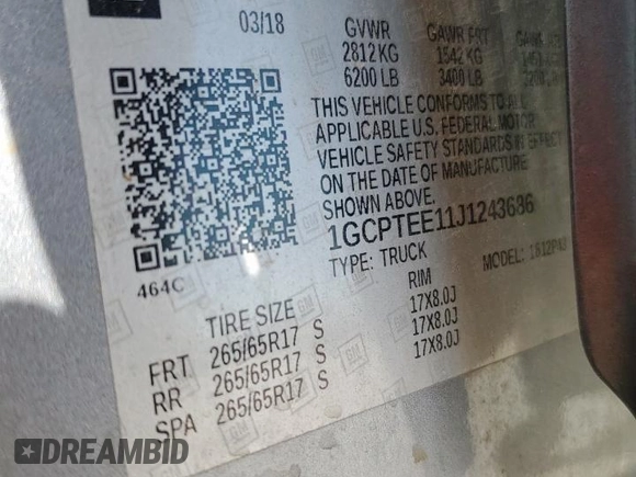 2018 Chevrolet Colorado 4WD ZR2 z VIN 1GCPTEE11J1243686, wystawiony jako Copart lot #58235125 z przebiegiem 144 760 mil mil oraz Szkoda całkowita • Salvage title. Historia ofert i sprzedaży dostępna na DreamBid. Obrazek 12.