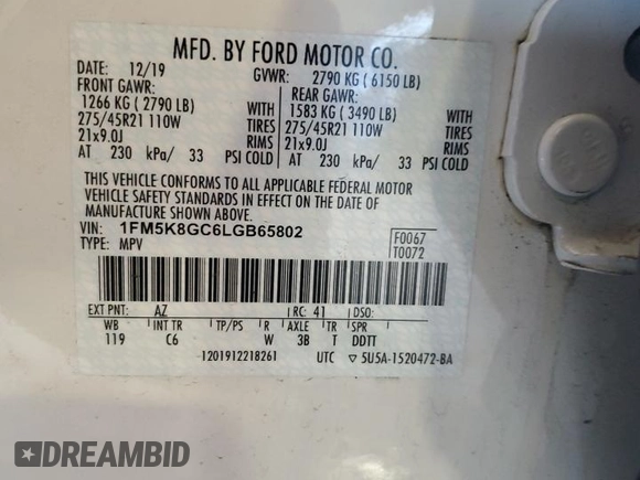2020 Ford Explorer ST with VIN 1FM5K8GC6LGB65802, listed as a Copart auction lot 54148055 with 102,490 mi miles and Salvage Title. Bid and sale history available at carsss.com. Image 14.
