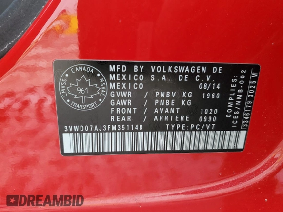 2015 Volkswagen Jetta Sedan 1.8T SE with VIN 3VWD07AJ3FM351148, listed as a Copart auction lot 45734125 with 198,802 mi miles and Salvage Title. Bid and sale history available at carsss.com. Image 12.