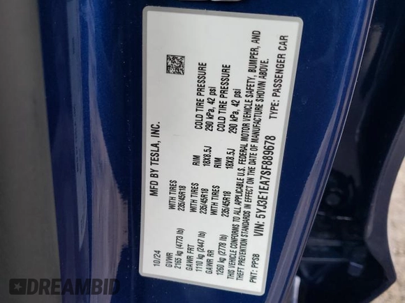 2025 Tesla Model 3 Long Range with VIN 5YJ3E1EA7SF889678, listed as a Copart auction lot 42952045 with 521 mi miles and Salvage Title. Bid and sale history available at DreamBid. Image 14.