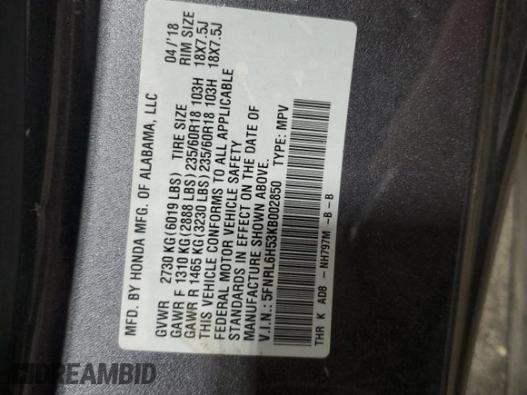 2019 Honda Odyssey EX with VIN 5FNRL6H53KB002850, listed as a Copart auction lot 46446265 with 57,278 mi miles and Salvage Title. Bid and sale history available at carsss.com. Image 14.