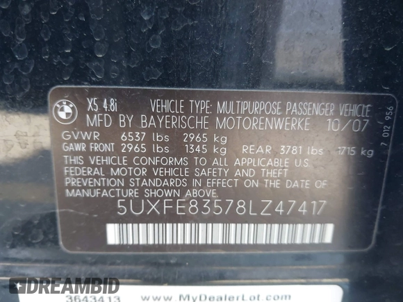 2008 BMW X5 4.8i z VIN 5UXFE83578LZ47417, wystawiony jako IAAI lot #42103465 z przebiegiem 130 942 mil mil oraz . Historia ofert i sprzedaży dostępna na DreamBid. Obrazek 9.