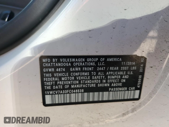 2015 Volkswagen Passat SEL Premium z VIN 1VWCV7A33FC046538, wystawiony jako Copart lot #57915835 z przebiegiem 155 443 mil mil oraz Szkoda całkowita • Salvage title. Historia ofert i sprzedaży dostępna na DreamBid. Obrazek 13.