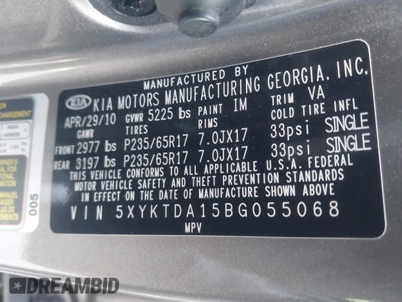 2011 Kia Sorento LX with VIN 5XYKTDA15BG055068, listed as a IAAI auction lot 41811844 with 168,685 mi miles. Bid and sale history available at carsss.com. Image 9.