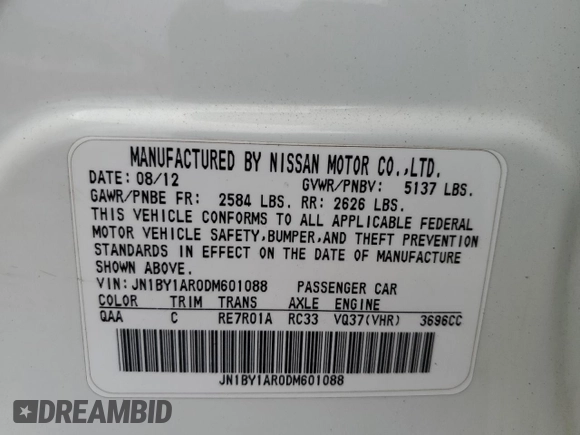 2013 Infiniti M37 with VIN JN1BY1AR0DM601088, listed as a Copart auction lot 73543164 with 215,014 mi miles and Salvage Title. Bid and sale history available at carsss.com. Image 13.