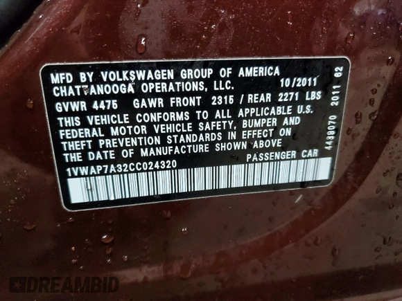 2012 Volkswagen Passat S w/Appearance with VIN 1VWAP7A32CC024320, listed as a Copart auction lot 89271195 with 132,771 mi miles and Salvage Title. Bid and sale history available at carsss.com. Image 13.
