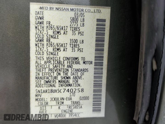 2005 Nissan Pathfinder LE z VIN 5N1AR18UX5C740258, wystawiony jako Copart lot #59152255 z przebiegiem 206 051 mil mil oraz Szkoda całkowita • Salvage title. Historia ofert i sprzedaży dostępna na DreamBid. Obrazek 13.