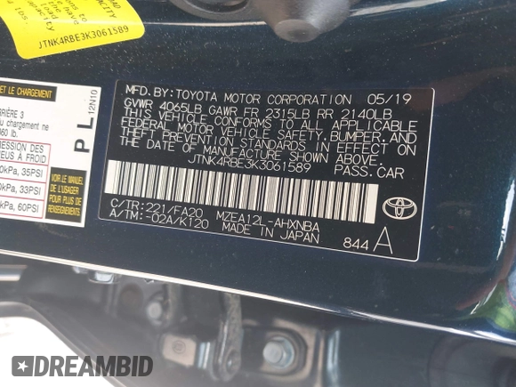 2019 Toyota Corolla Hatchback SE with VIN JTNK4RBE3K3061589, listed as a IAAI auction lot 42123273 with 90,491 mi miles. Bid and sale history available at carsss.com. Image 9.