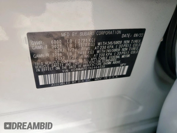 2022 Subaru Ascent Limited с VIN 4S4WMAPD1N3464039, выставлен на аукционе Copart как лот 66039005 с пробегом 32 018 миль миль и Списание • Salvage title. История ставок и продаж доступна на DreamBid. Изображение 14.