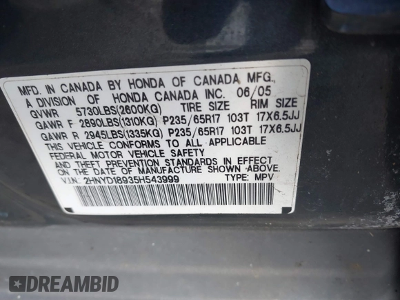2005 Acura MDX Touring with VIN 2HNYD18935H543999, listed as a IAAI auction lot 41415777 with 301,327 mi miles. Bid and sale history available at carsss.com. Image 9.