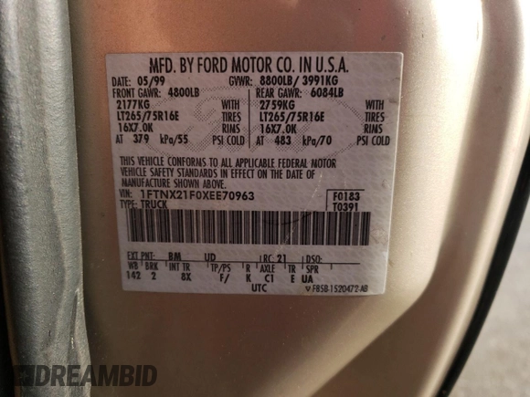 1999 Ford F-250 XL with VIN 1FTNX21F0XEE70963, listed as a Copart auction lot 52294955 with 218,969 mi miles and Salvage title. Bid and sale history available at DreamBid. Image 14.