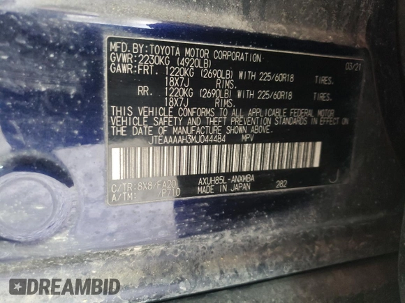 2021 Toyota Venza LE with VIN JTEAAAAH3MJ044484, listed as a Copart auction lot 48882495 with 123,085 mi miles and Salvage Title. Bid and sale history available at carsss.com. Image 15.