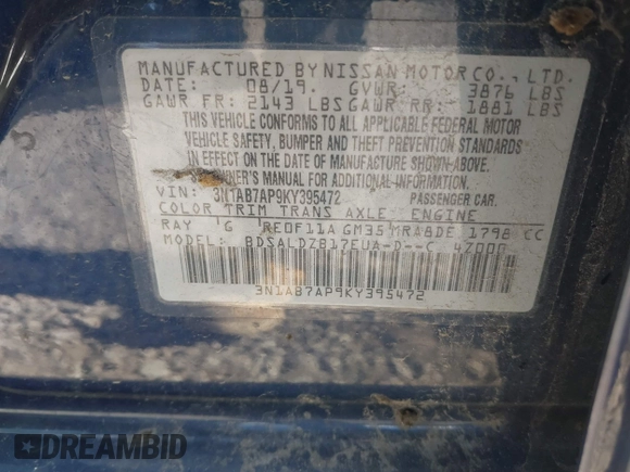 2019 Nissan Sentra S with VIN 3N1AB7AP9KY395472, listed as a IAAI auction lot 40544757 with 66,804 mi miles and . Bid and sale history available at DreamBid. Image 9.