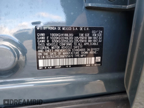 2024 Honda HR-V Sport with VIN 3CZRZ2H53RM765670, listed as a Copart auction lot 86826854 with 12,841 mi miles and Salvage Title. Bid and sale history available at carsss.com. Image 15.