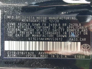 2021 Toyota Camry Hybrid LE with VIN 4T1C31AK4MU553612, listed as a IAAI auction lot 41609111 with 34,399 mi miles. Bid and sale history available at carsss.com. Image 9.