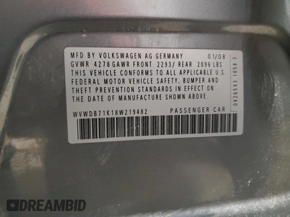 2008 Volkswagen Rabbit S with VIN WVWDB71K18W219482, listed as a Copart auction lot 45468575 with 148,340 mi miles and Salvage title. Bid and sale history available at DreamBid. Image 12.