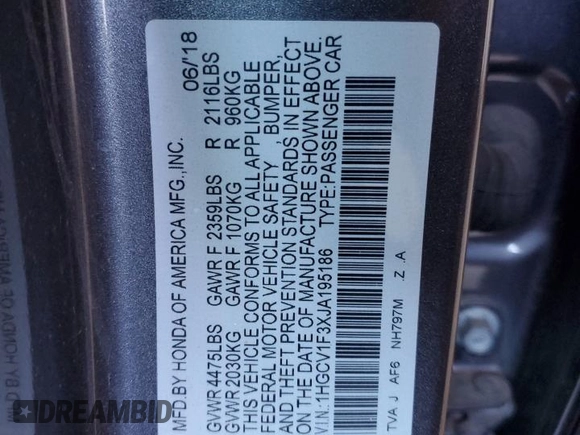 2018 Honda Accord Sedan Sport 1.5T with VIN 1HGCV1F3XJA195186, listed as a Copart auction lot 52838815 with 0 mi miles and Non Repairable. Bid and sale history available at carsss.com. Image 12.