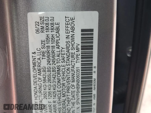 2022 Honda Pilot TrailSport z VIN 5FNYF6H89NB060351, wystawiony jako Copart lot #53671515 z przebiegiem 43 869 mil mil oraz Szkoda całkowita • Salvage title. Historia ofert i sprzedaży dostępna na DreamBid. Obrazek 14.