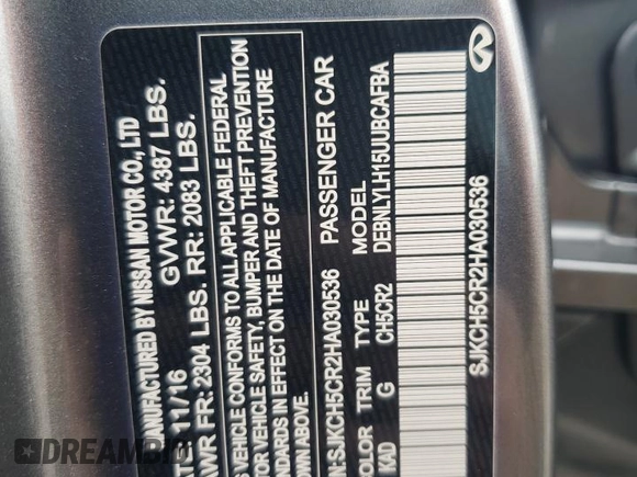 2017 Infiniti QX30 Premium с VIN SJKCH5CR2HA030536, выставлен на аукционе Copart как лот 59049725 с пробегом 43 169 миль миль и Списание • Salvage title. История ставок и продаж доступна на DreamBid. Изображение 12.
