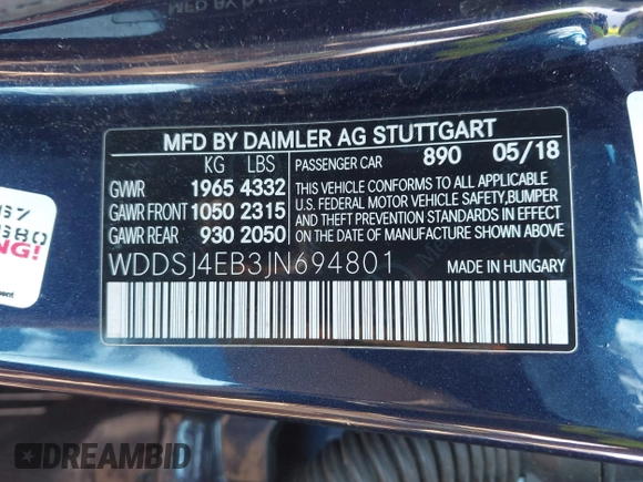 2018 Mercedes-Benz CLA 250 with VIN WDDSJ4EB3JN694801, listed as a IAAI auction lot 41815709 with 63,802 mi miles and . Bid and sale history available at DreamBid. Image 9.