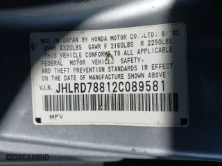 2002 Honda CR-V EX with VIN JHLRD78812C089581, listed as a IAAI auction lot 41098313 with 135,160 mi miles. Bid and sale history available at carsss.com. Image 9.