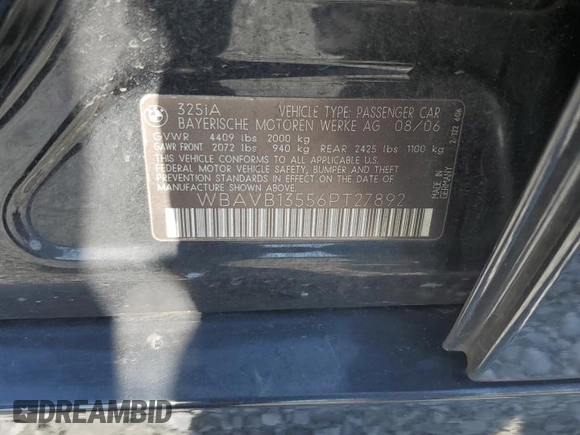 2006 BMW 3 Series 325i with VIN WBAVB13556PT27892, listed as a Copart auction lot 61299455 with 121,678 mi miles and Salvage title. Bid and sale history available at DreamBid. Image 13.