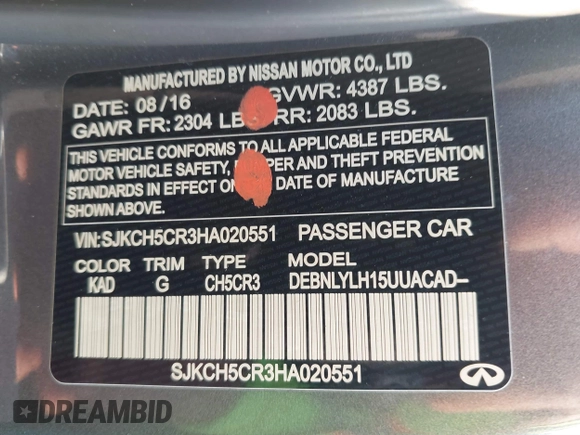 2017 Infiniti QX30 Luxury with VIN SJKCH5CR3HA020551, listed as a IAAI auction lot 41501816 with 78,511 mi miles. Bid and sale history available at carsss.com. Image 9.