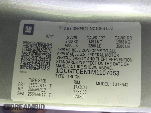 2021 Chevrolet Colorado 4WD LT with VIN 1GCGTCEN1M1107053, listed as a IAAI auction lot 42430796 with 76,128 mi miles and . Bid and sale history available at DreamBid. Image 9.