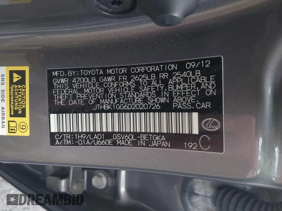 2013 Lexus ES 250 с VIN JTHBK1GG6D2020726, выставлен на аукционе IAAI как лот 42191866 с пробегом 85 180 миль миль и . История ставок и продаж доступна на DreamBid. Изображение 9.