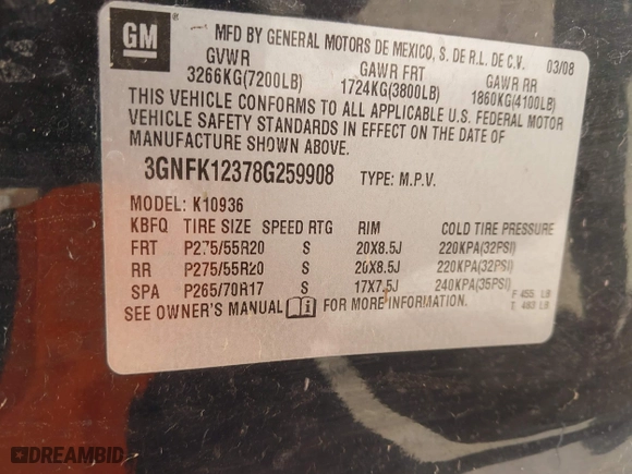 2008 Chevrolet Avalanche LT w/1LT with VIN 3GNFK12378G259908, listed as a IAAI auction lot 42048065 with 1 mi miles. Bid and sale history available at carsss.com. Image 9.