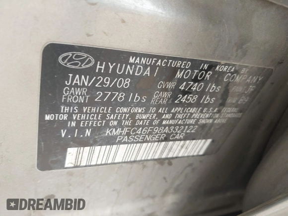 2008 Hyundai Azera Limited with VIN KMHFC46F98A332122, listed as a IAAI auction lot 42039825 with 376,625 mi miles and . Bid and sale history available at DreamBid. Image 9.